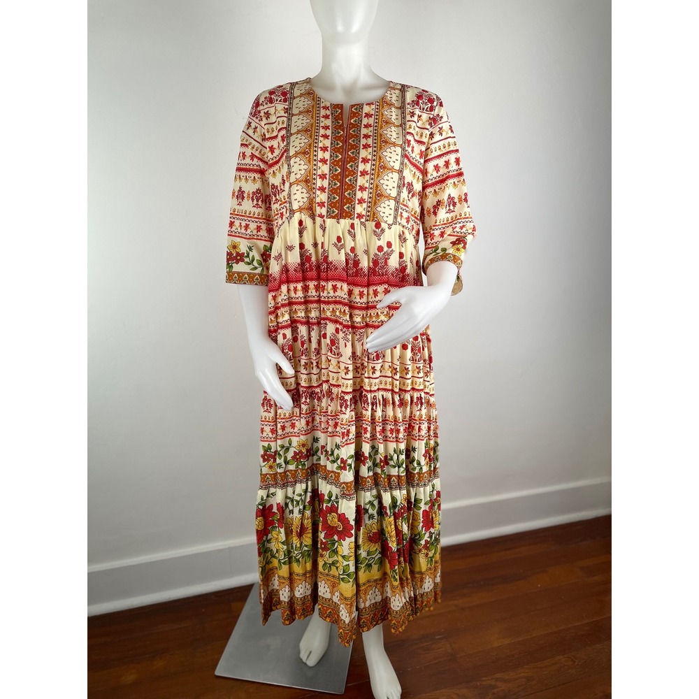 Biba Women Red Yellow Floral Cotton Tiered Maxi Anarkali Dress Size 38 NWT